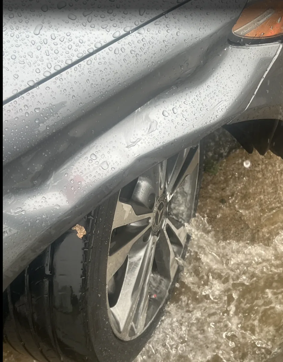 Before - auto body repair on Side Panel Dent - Mercedes-Benz at Focus On Cars body shop, Compton CA