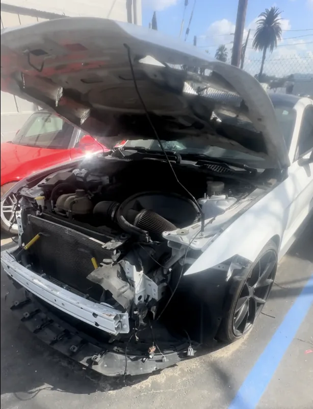 Before - auto body repair on Front-End Collision - Ford Mustang at Focus On Cars body shop, Compton CA